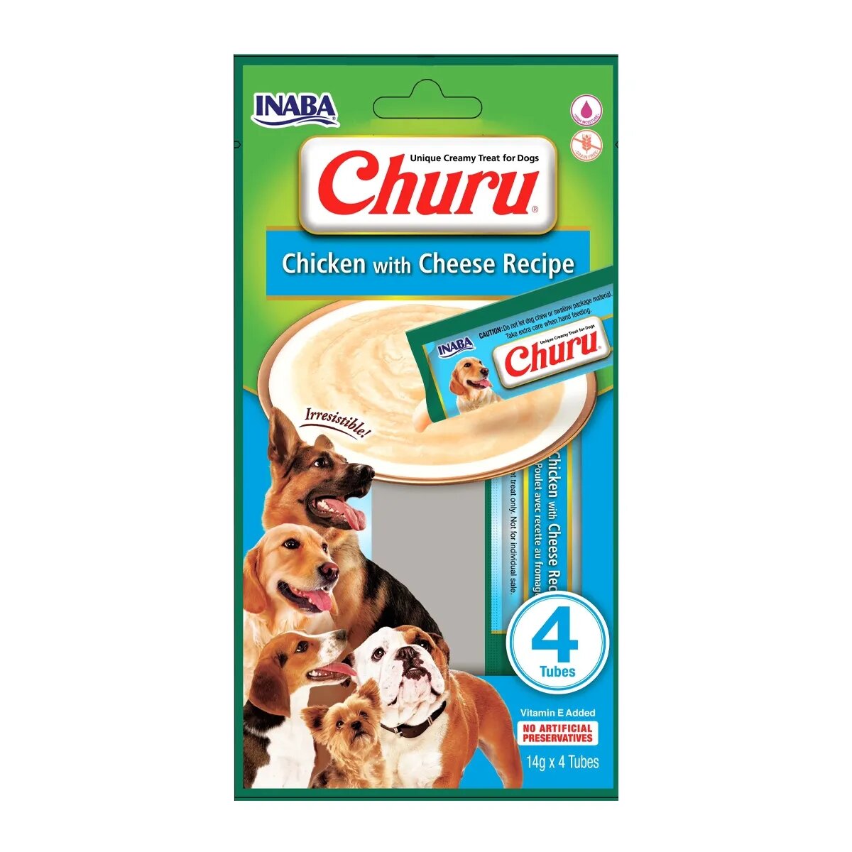 Inaba Churu Dog Pui cu Brânză recompense lichide fără cereale câini topping cremos 14g x 4