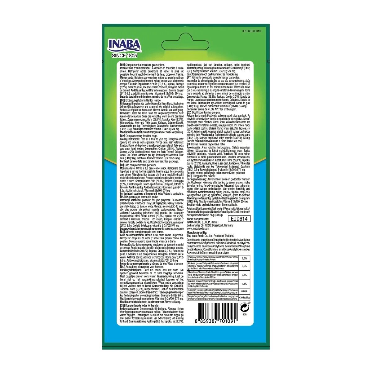 Inaba Churu Dog Pui cu Brânză recompense lichide fără cereale câini topping cremos 14g x 4