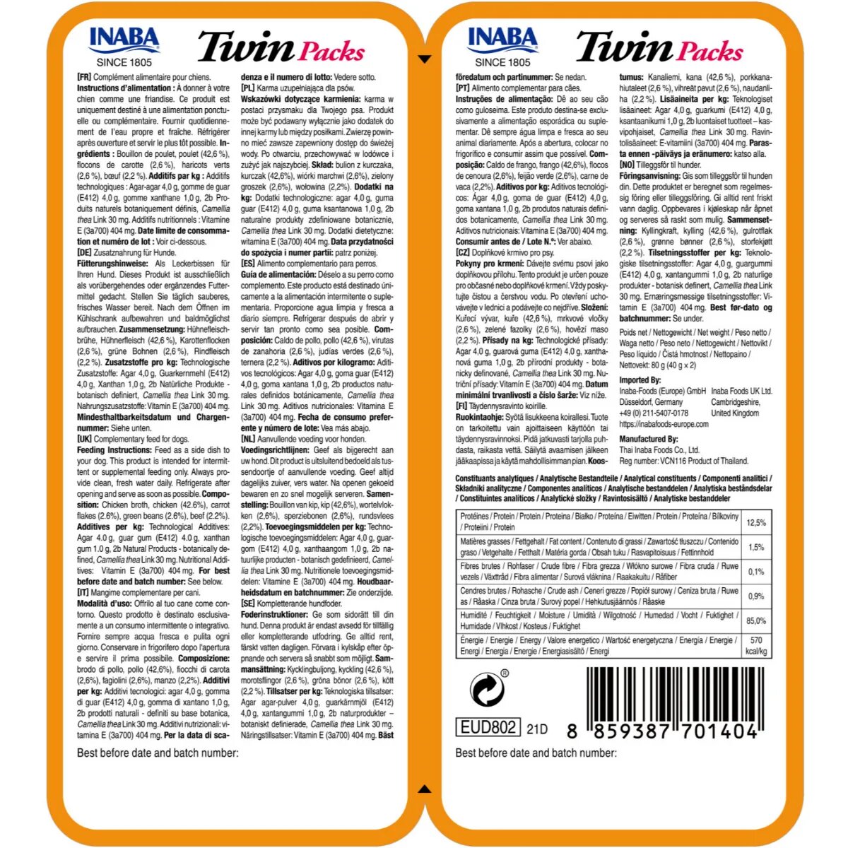 Inaba Churu Dog Twin XS-XL Pui și Vită hrană umedă fără cereale câini (în supă) Churu Dog Twin XS-XL Pui și Vită plic hrană umedă fără cereale câini (în supă) 80g
