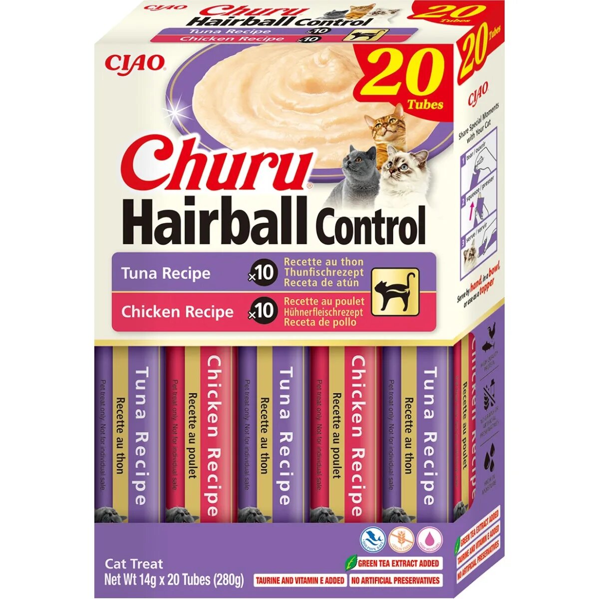 Inaba Churu Hairball Control Varieties Pui și Ton cutie recompense fără cereale pisici limitarea ghemurilor de blană (piure) 280g