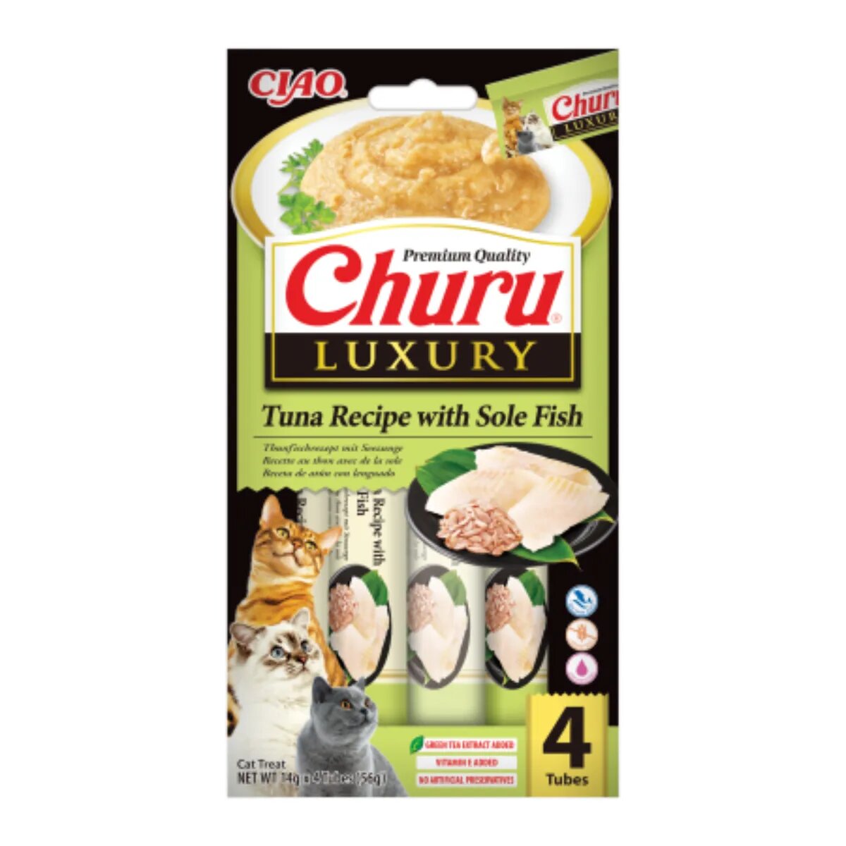Inaba Churu Luxury Ton și Limbă-de-mare plic recompense fără cereale pisici (piure) 56g