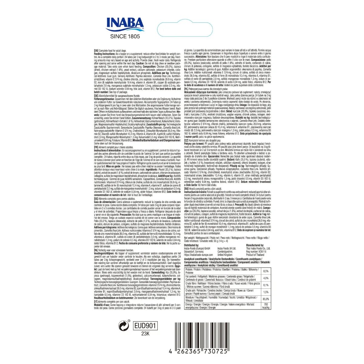 Inaba Churu Meal Topper XS-XL Pui plic tub recompense fără cereale câini (piure) 56g