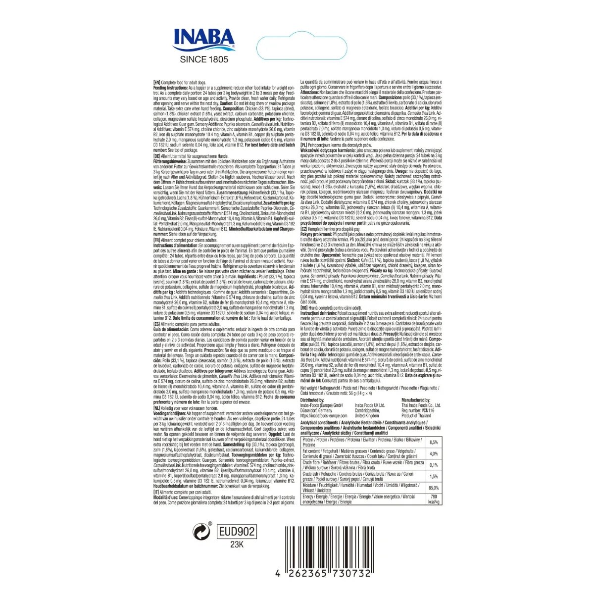 Inaba Churu Meal Topper XS-XL Pui și Somon plic tub recompense fără cereale câini (piure) 56g