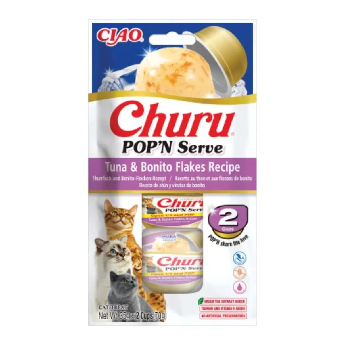 Inaba Churu Pop'n Serve Ton și Fulgi de Bonito bol hrană umedă fără cereale pisici (în aspic) 70g