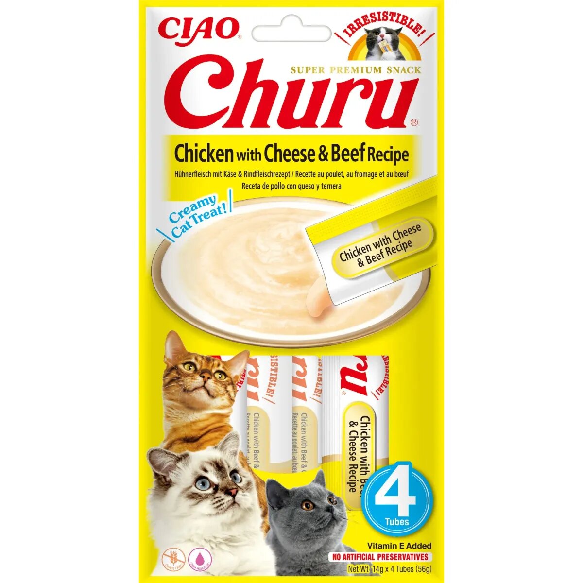 Inaba Churu Pui Brânză și Vită plic tub recompense fără cereale pisici (piure) 56g