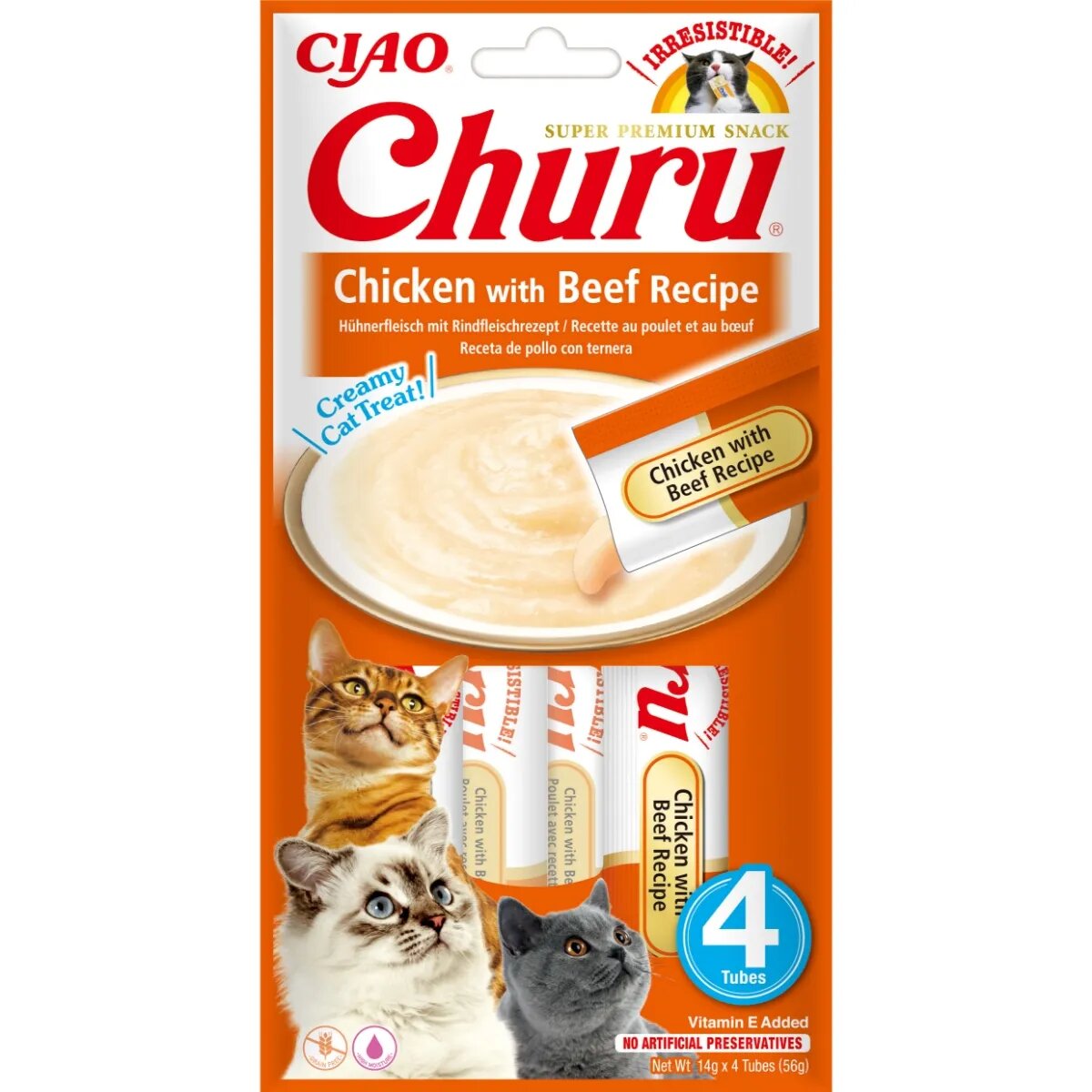 Inaba Churu Pui și Vită punguță tub recompense fără cereale pisici (topping) 56g