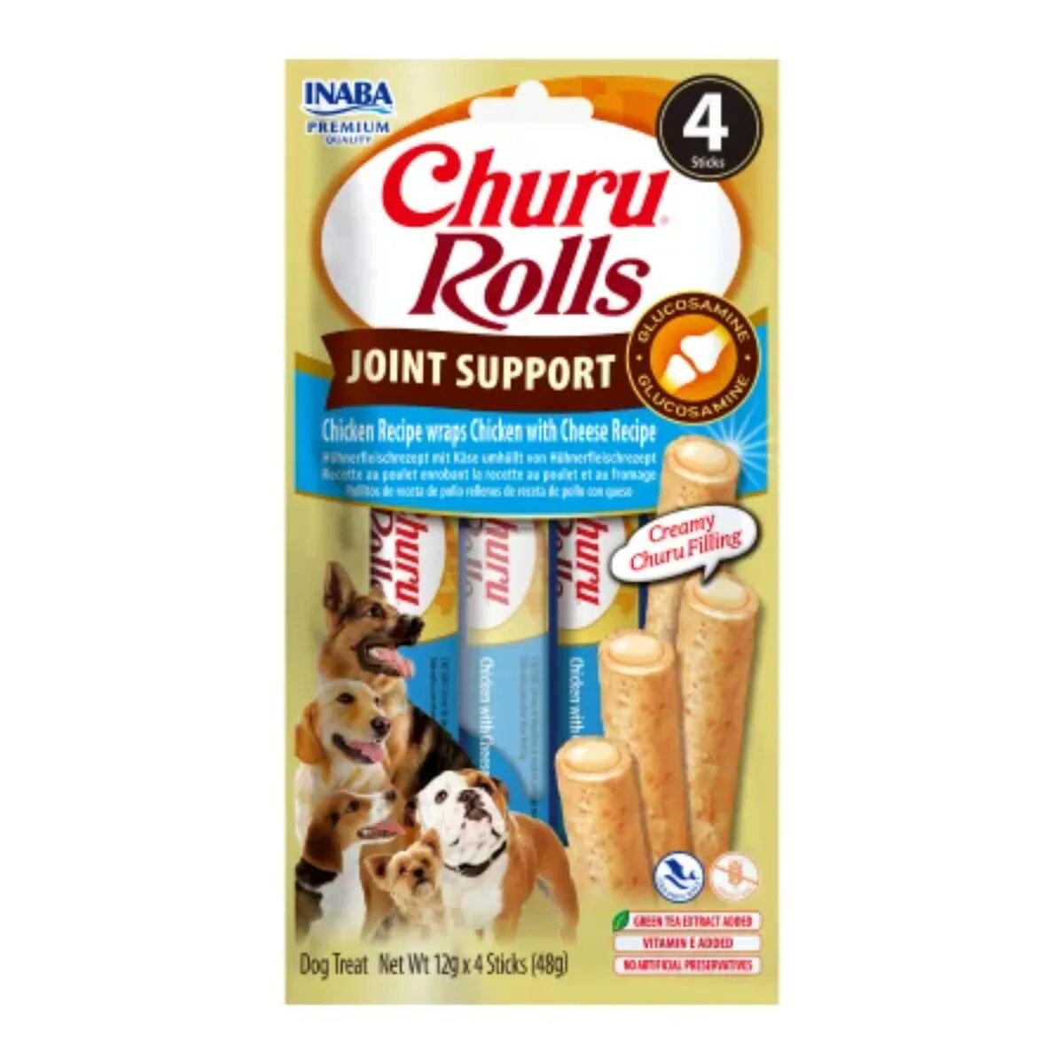 Inaba Churu Rolls Joint Support XS-XL Pui și Brânză punguță recompense funcționale fără cereale câini sistem articular 48g