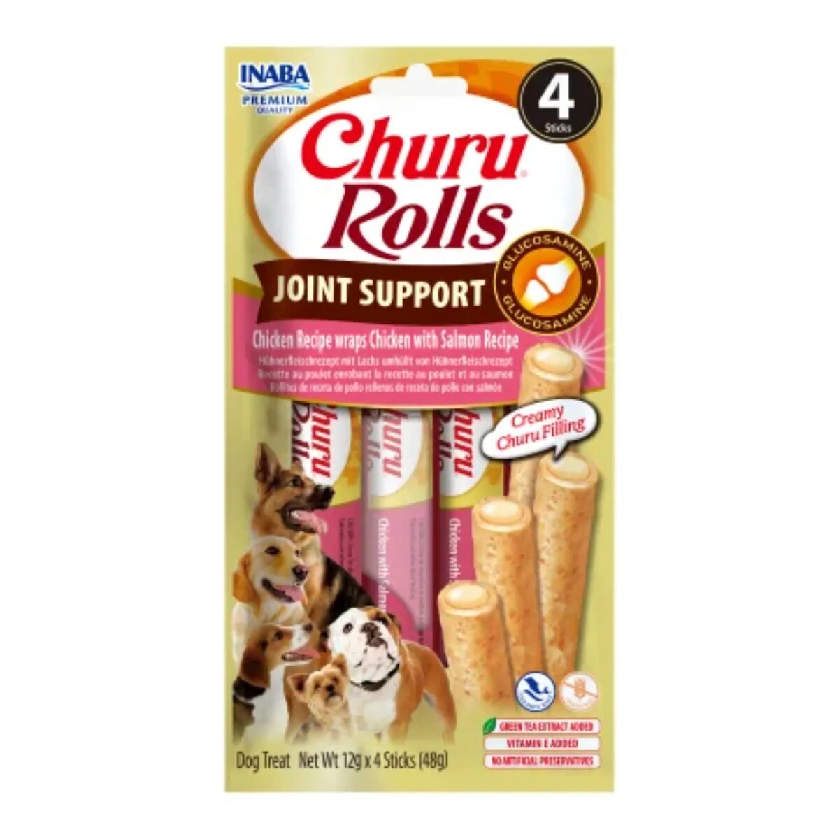 Inaba Churu Rolls Joint Support XS-XL Pui și Somon punguță recompense funcționale fără cereale câini sistem articular 48g