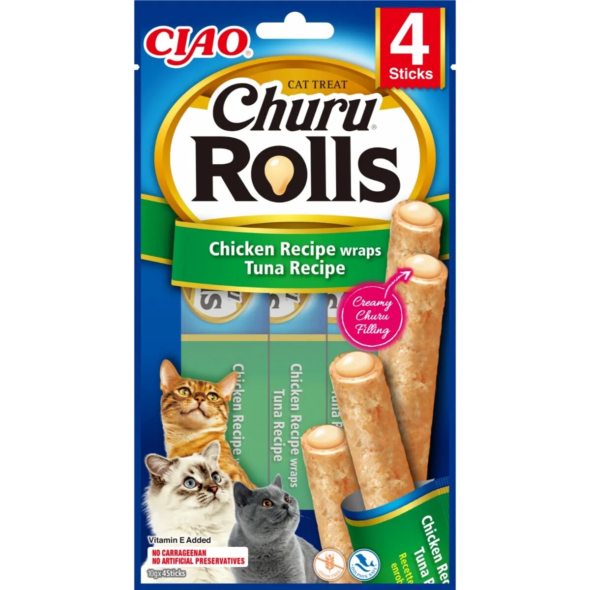 Inaba Churu Rolls Pui și Ton punguță recompense fără cereale pisici semimoist 40g