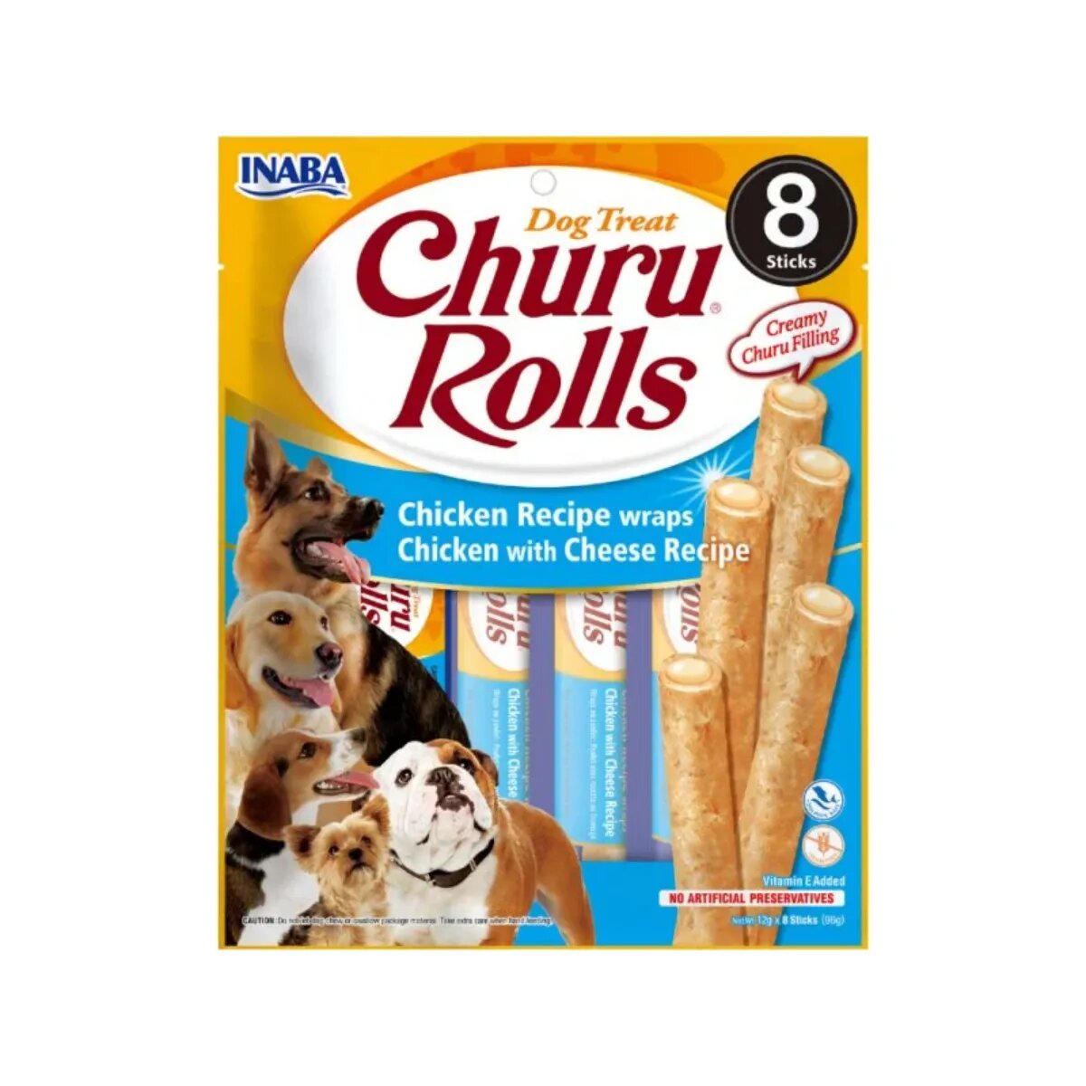 Inaba Churu Rolls XS-XL Pui și Brânză plic recompense fără cereale câini 96g