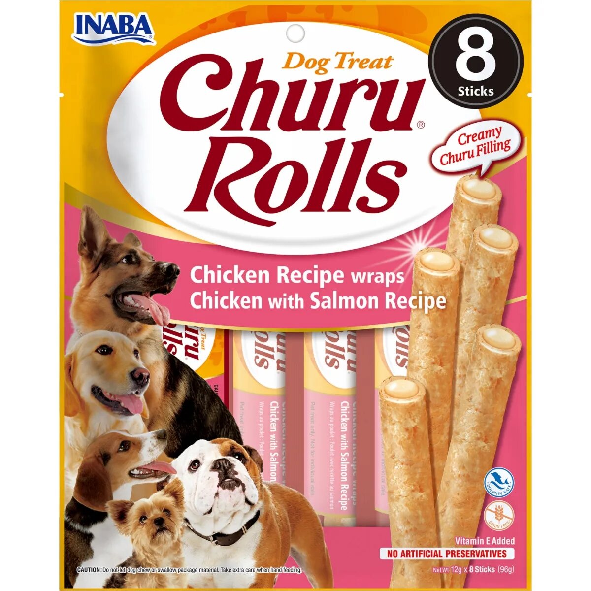 Inaba Churu Rolls XS-XL Pui și Somon punguță recompense fără cereale câini semimoist 92g