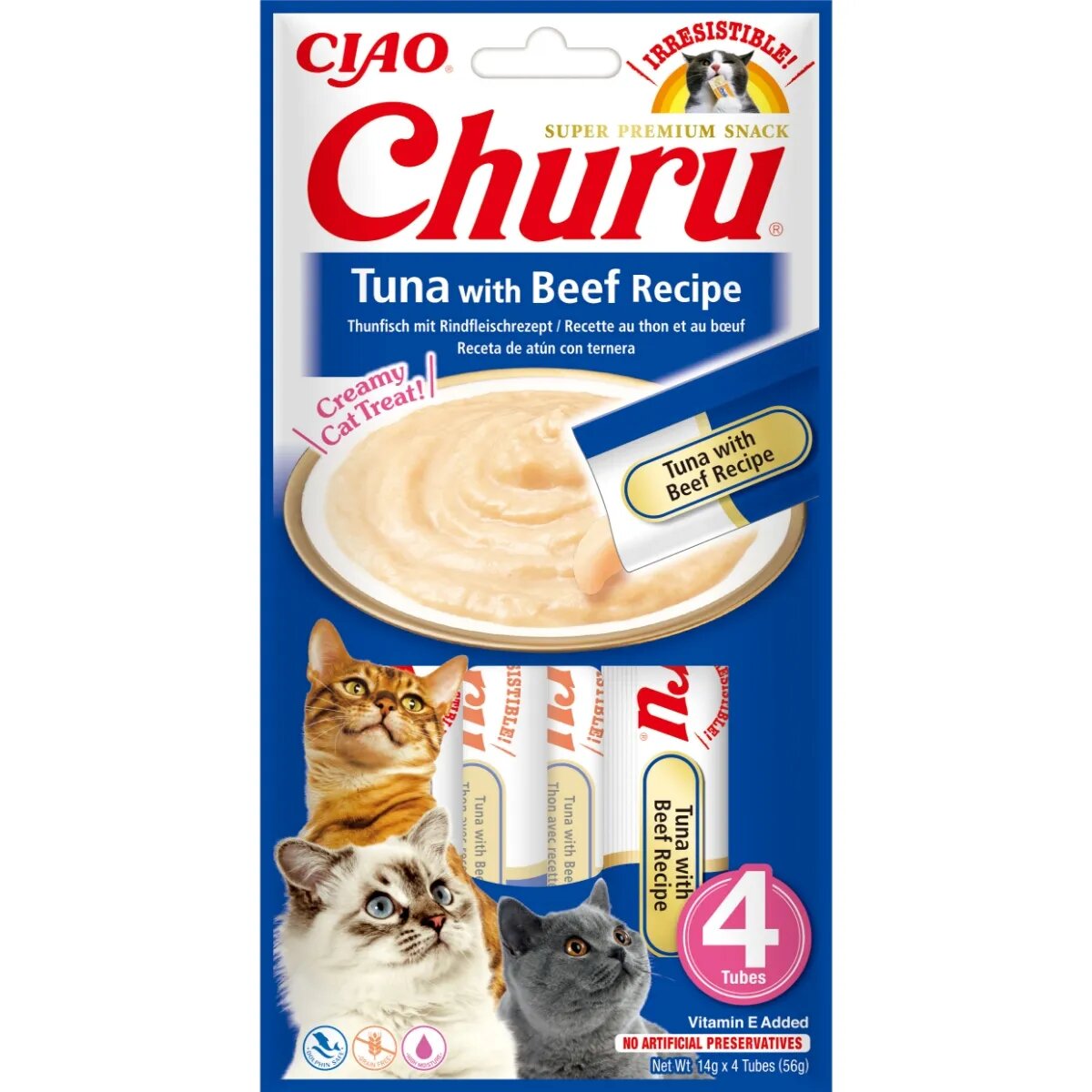 Inaba Churu Ton și Vită punguță tub recompense fără cereale pisici (topping) 56g