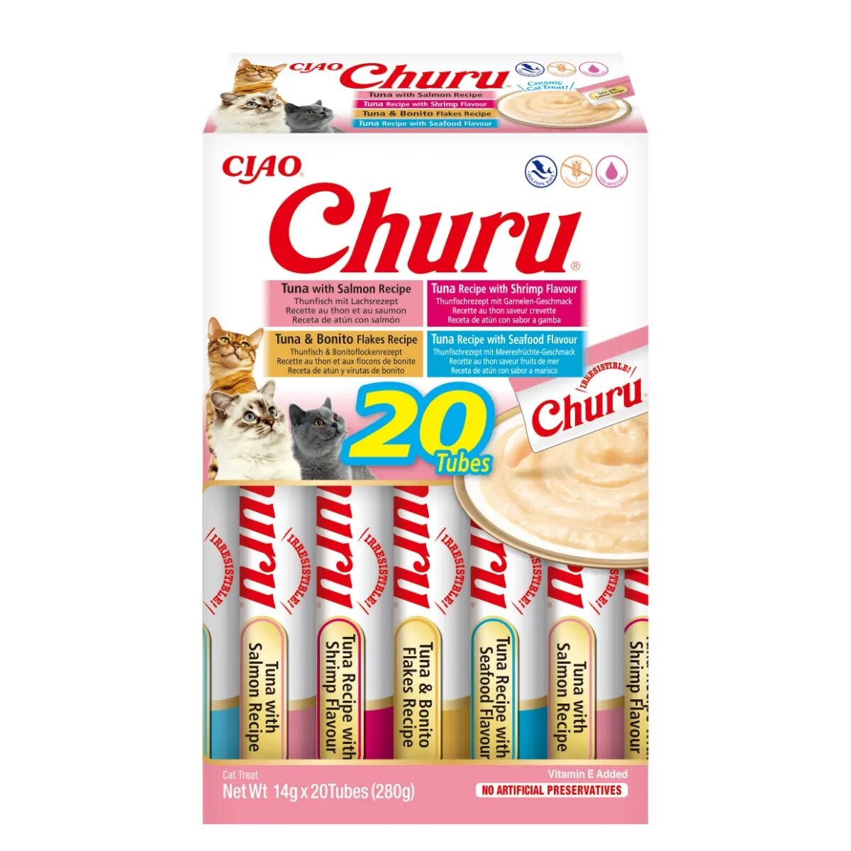 Inaba Churu Tuna & Seafood Varieties (Ton și Somon|Creveți|Fulgi de Bonito|Fructe de Mare) cutie tub recompense fără cereale pisici (topping) 280g