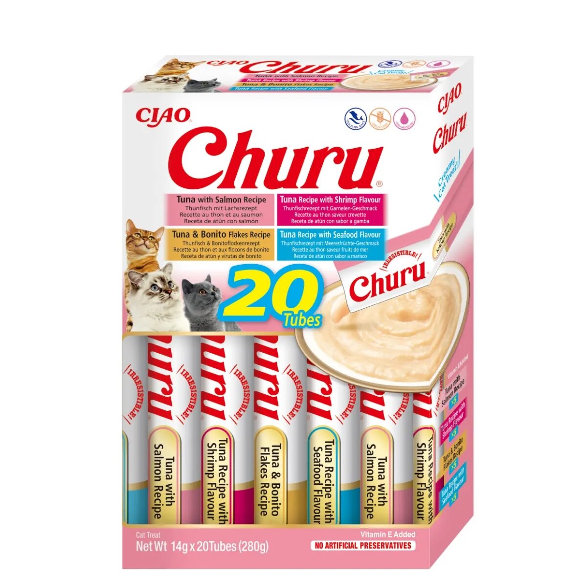 Inaba Churu Tuna & Seafood Varieties (Ton și Somon|Creveți|Fulgi de Bonito|Fructe de Mare) cutie tub recompense fără cereale pisici (topping) 280g