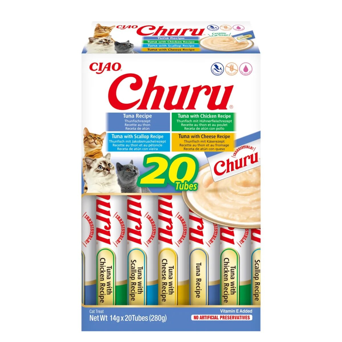 Inaba Churu Tuna Varieties (Ton Ton și Pui|Brânză|Scoici) cutie tub recompense fără cereale pisici (topping) 280g