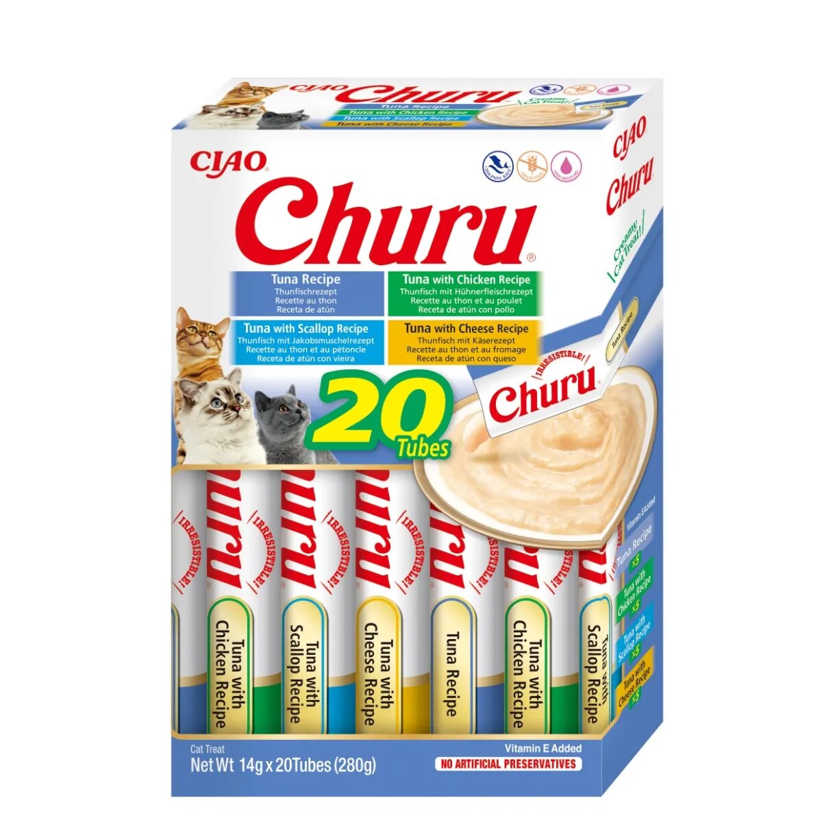 Inaba Churu Tuna Varieties (Ton Ton și Pui|Brânză|Scoici) cutie tub recompense fără cereale pisici (topping) 280g