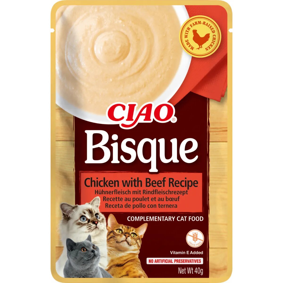 Inaba Ciao Bisque Pui și Vită recompense fără cereale pisici (piure) Ciao Bisque Pui și Vită plic recompense fără cereale pisici (piure) 40g
