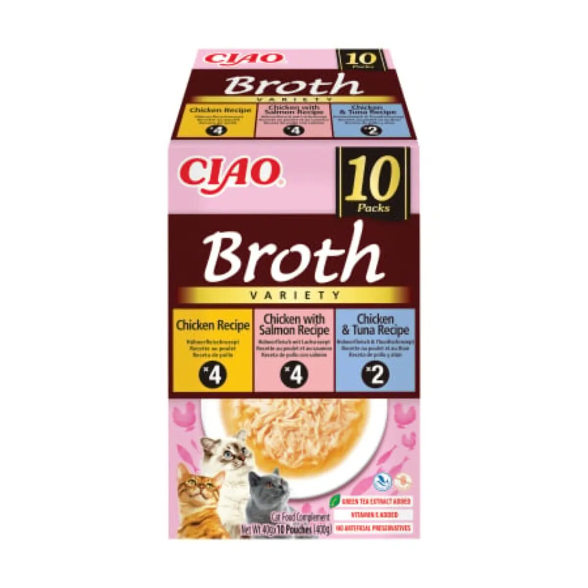 Inaba Ciao Broth Variety cu Pui Ton și Somon cutie hrană umedă fără cereale pisici (în supă) 400g