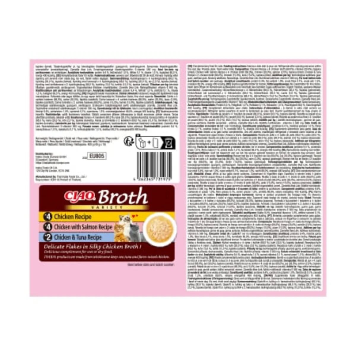 Inaba Ciao Broth Variety cu Pui Ton și Somon cutie hrană umedă fără cereale pisici (în supă) 400g