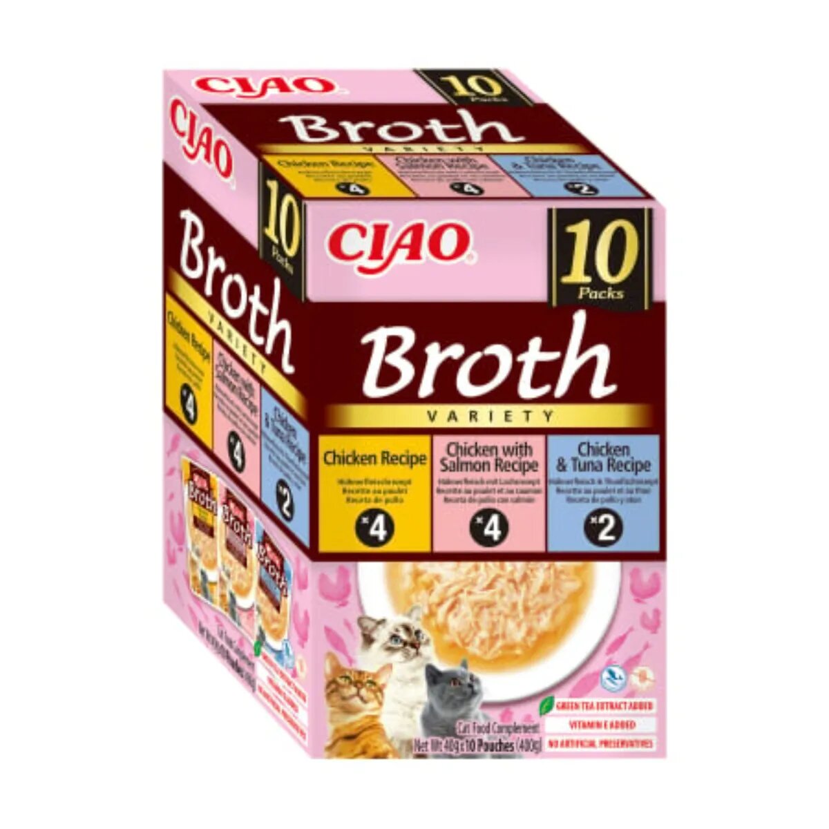 Inaba Ciao Broth Variety cu Pui Ton și Somon cutie hrană umedă fără cereale pisici (în supă) 400g