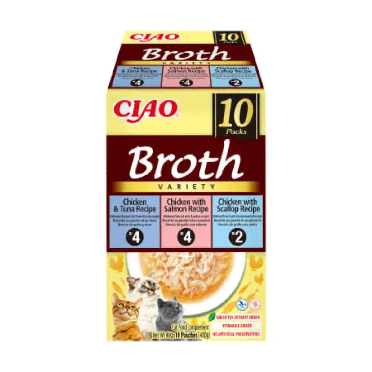Inaba Ciao Broth Variety cu Pui Ton Somon și Scoici cutie hrană umedă fără cereale pisici (în supă) 400g