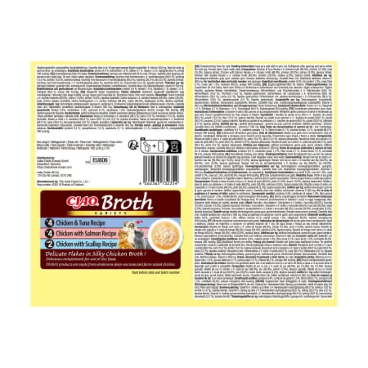 Inaba Ciao Broth Variety cu Pui Ton Somon și Scoici cutie hrană umedă fără cereale pisici (în supă) 400g
