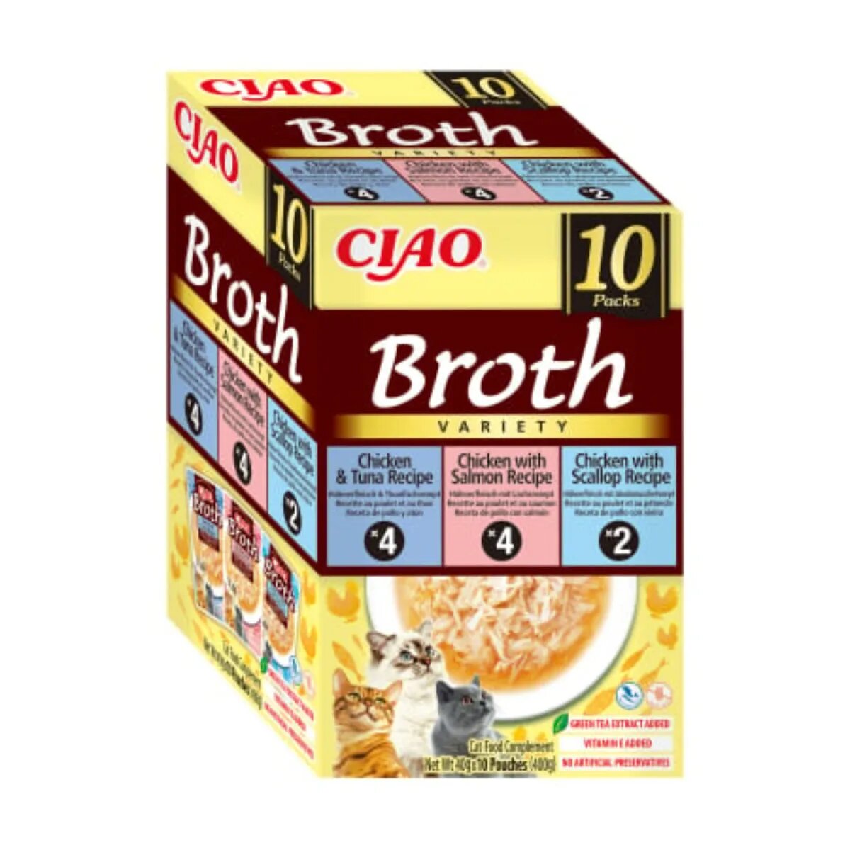 Inaba Ciao Broth Variety cu Pui Ton Somon și Scoici cutie hrană umedă fără cereale pisici (în supă) 400g