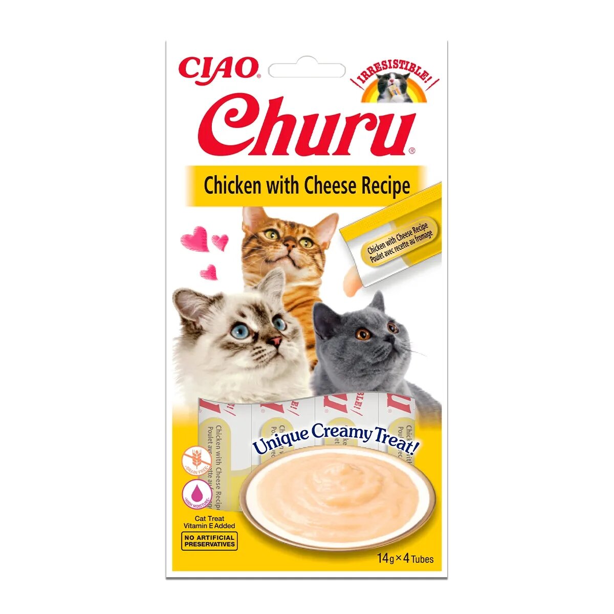 Inaba CIAO Churu Piure Pui cu Brânză recompense lichide fără cereale pisici topping cremos 14g x 4