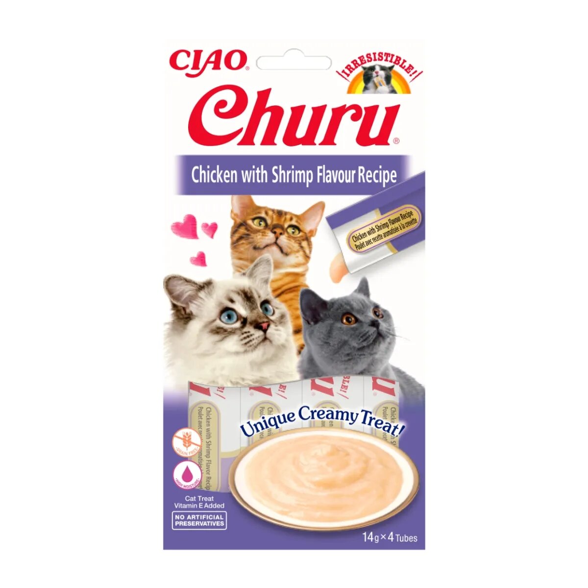 Inaba CIAO Churu Piure Pui și Creveti recompense lichide lichide fara cereale Pisici topping cremos 14g x 4