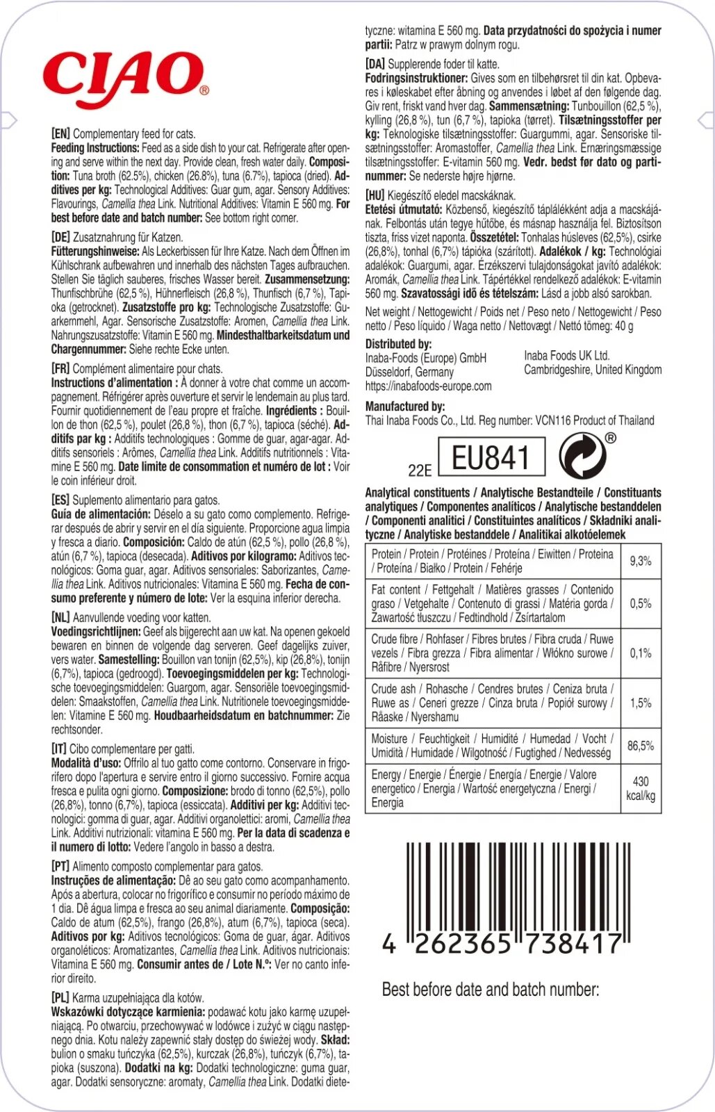 Inaba Ciao Stew Pui și Ton plic hrană umedă fără cereale pisici (în sos) 40g