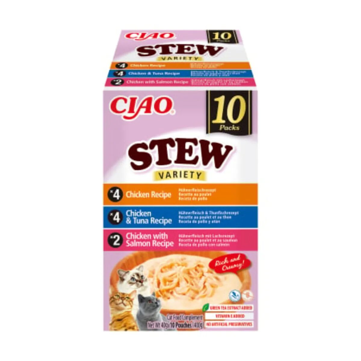 Inaba Ciao Stew Variety cu Pui Ton și Somon cutie hrană umedă fără cereale pisici (în supă) 400g
