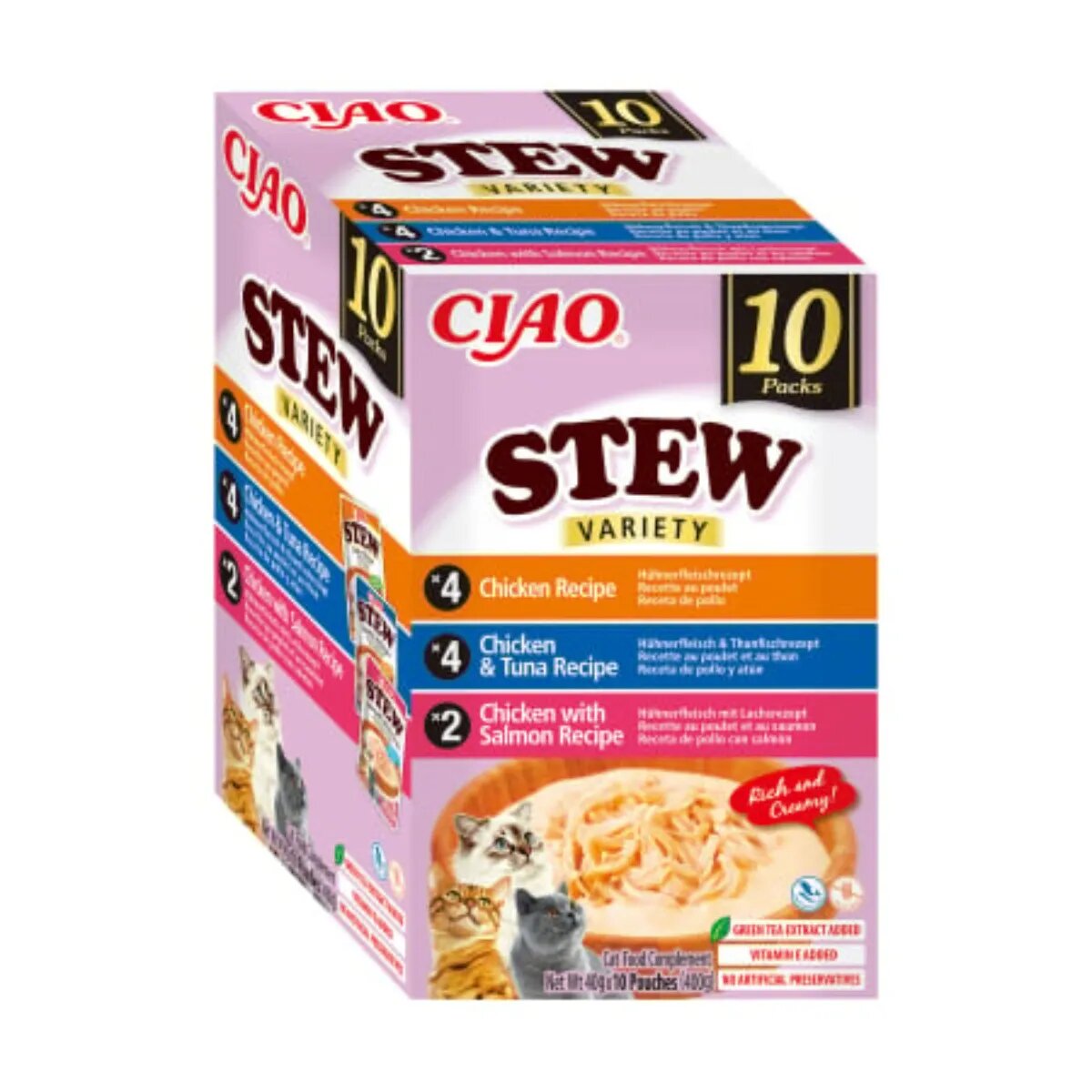 Inaba Ciao Stew Variety cu Pui Ton și Somon cutie hrană umedă fără cereale pisici (în supă) 400g