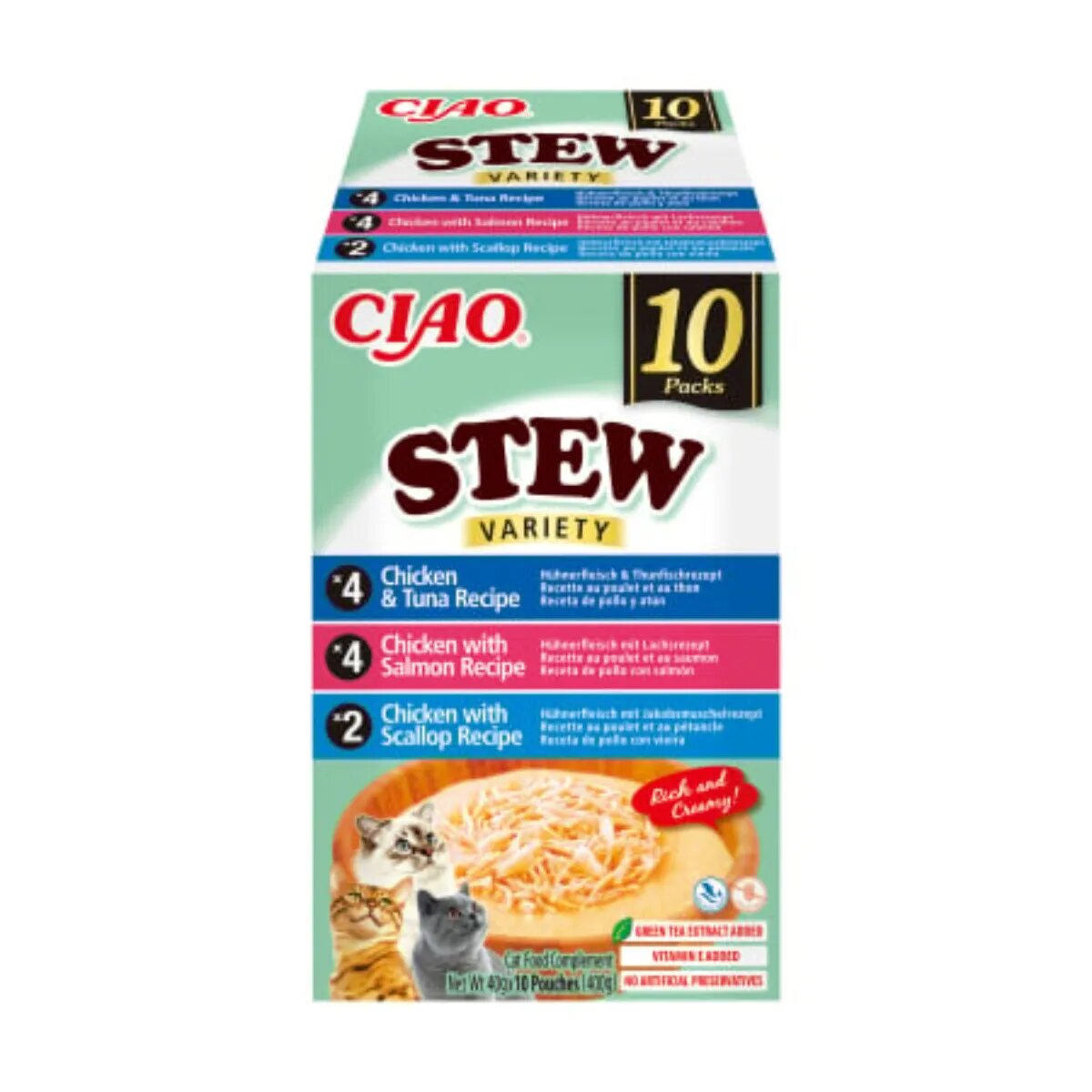 Inaba Ciao Stew Variety cu Pui Ton Somon și Scoici cutie hrană umedă fără cereale pisici (în supă) 400g