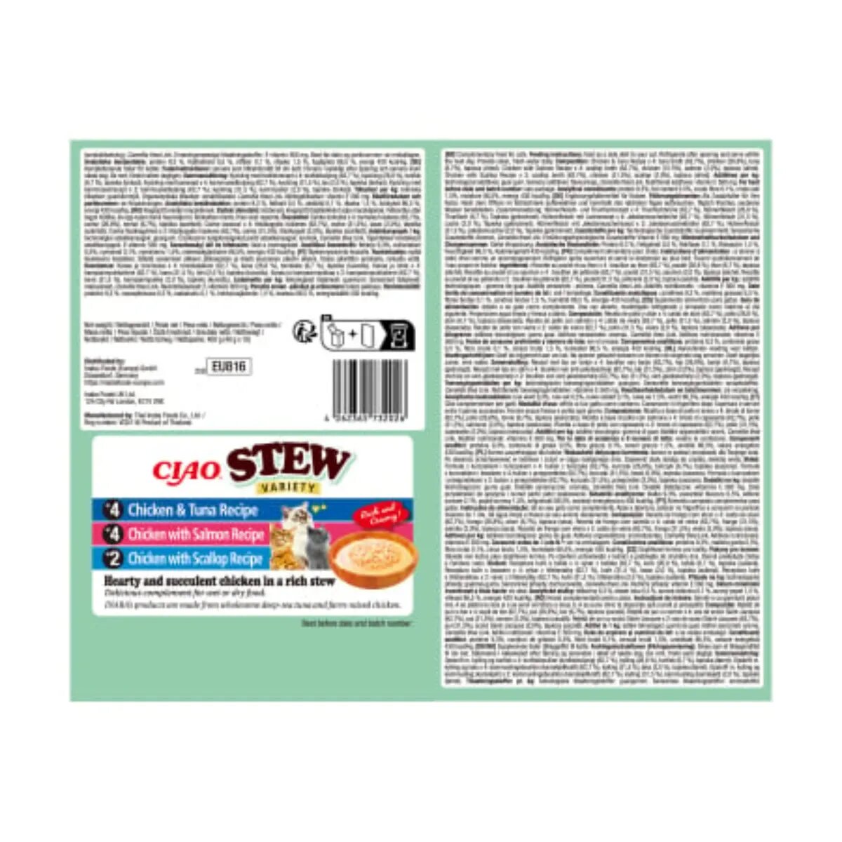 Inaba Ciao Stew Variety cu Pui Ton Somon și Scoici cutie hrană umedă fără cereale pisici (în supă) 400g
