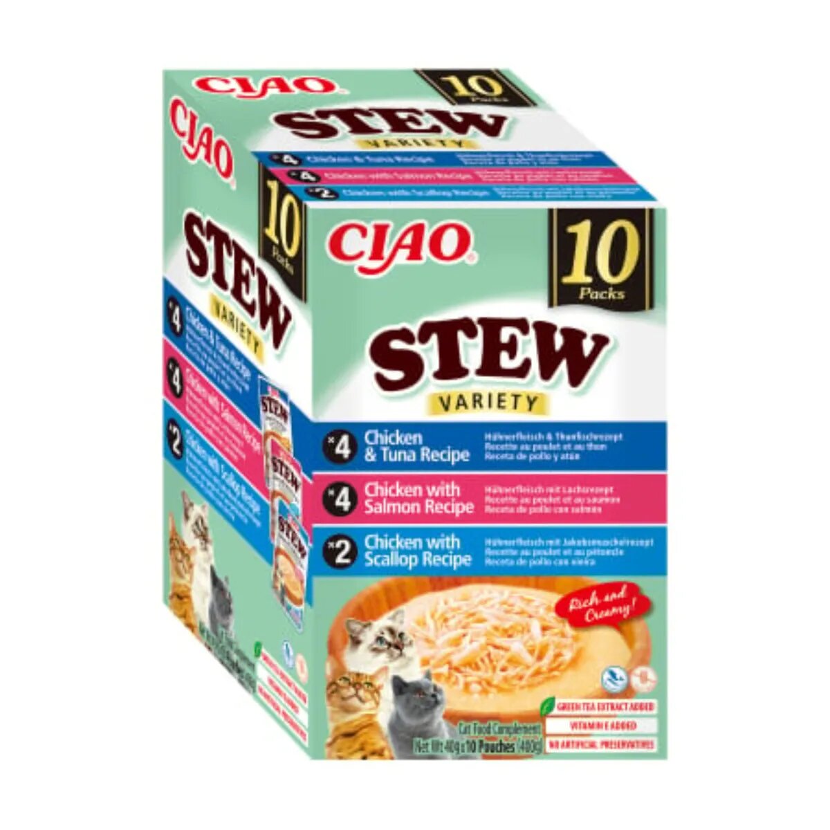Inaba Ciao Stew Variety cu Pui Ton Somon și Scoici cutie hrană umedă fără cereale pisici (în supă) 400g