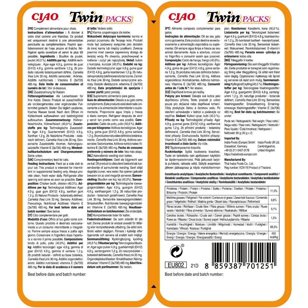 Inaba Ciao Twin Packs Pui plic hrană umedă fără cereale pisici (topping) 80g