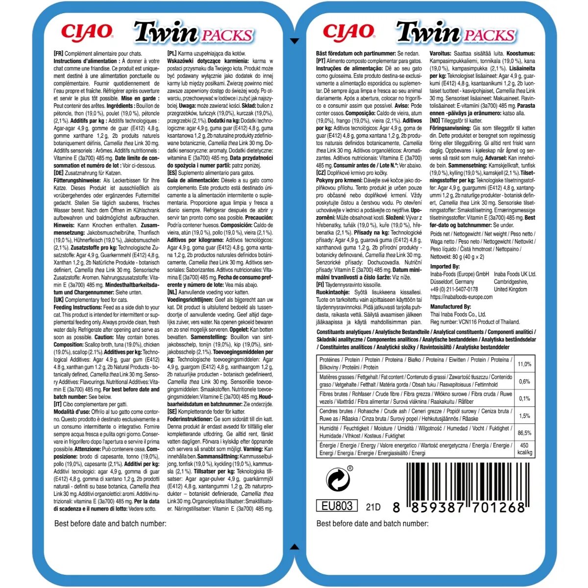 Inaba Ciao Twin Packs Ton Pui și Scoici plic hrană umedă fără cereale pisici (topping) 80g