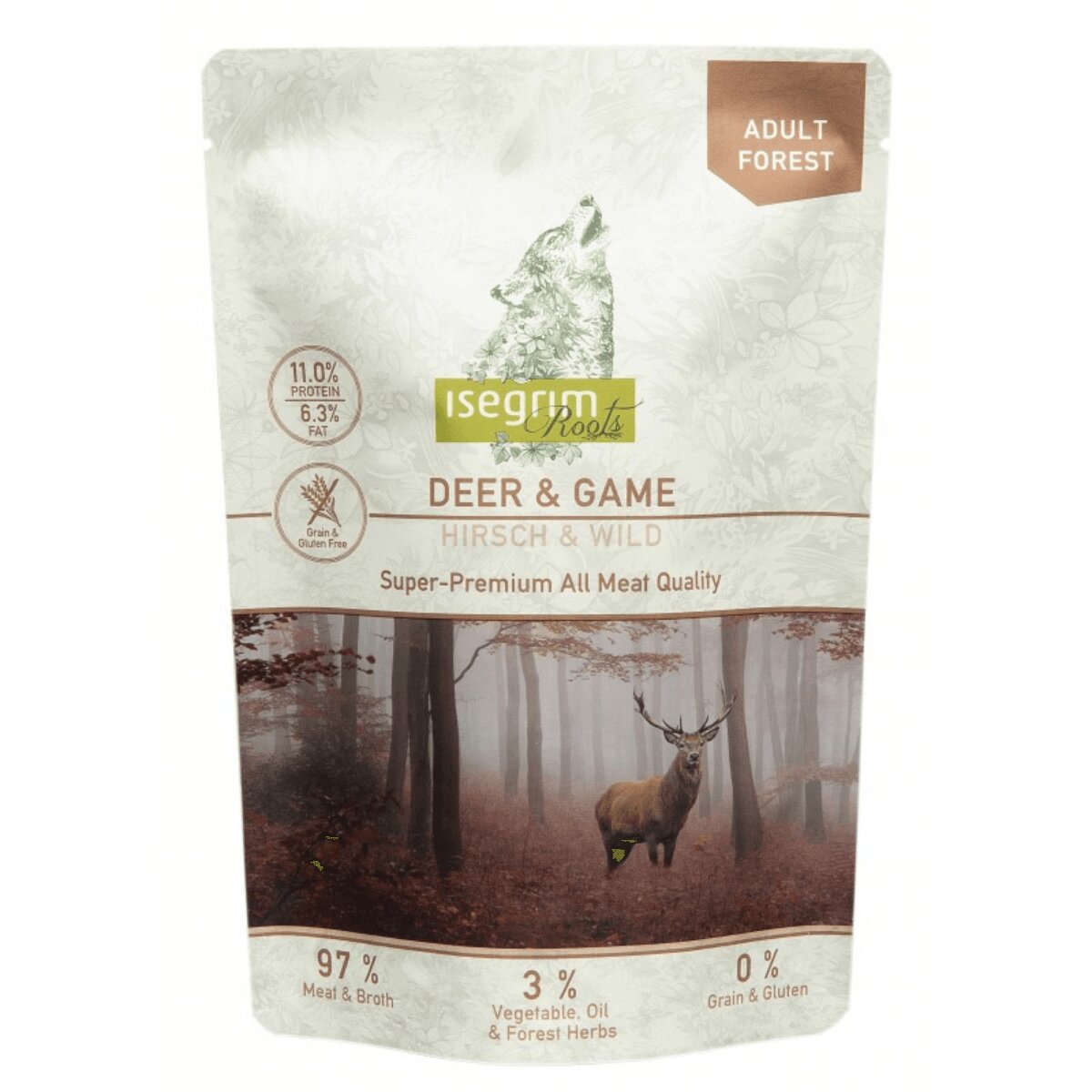 Isegrim XS-XL Căprioară și Vânat plic hrană umedă fără cereale câini (în sos) 410g