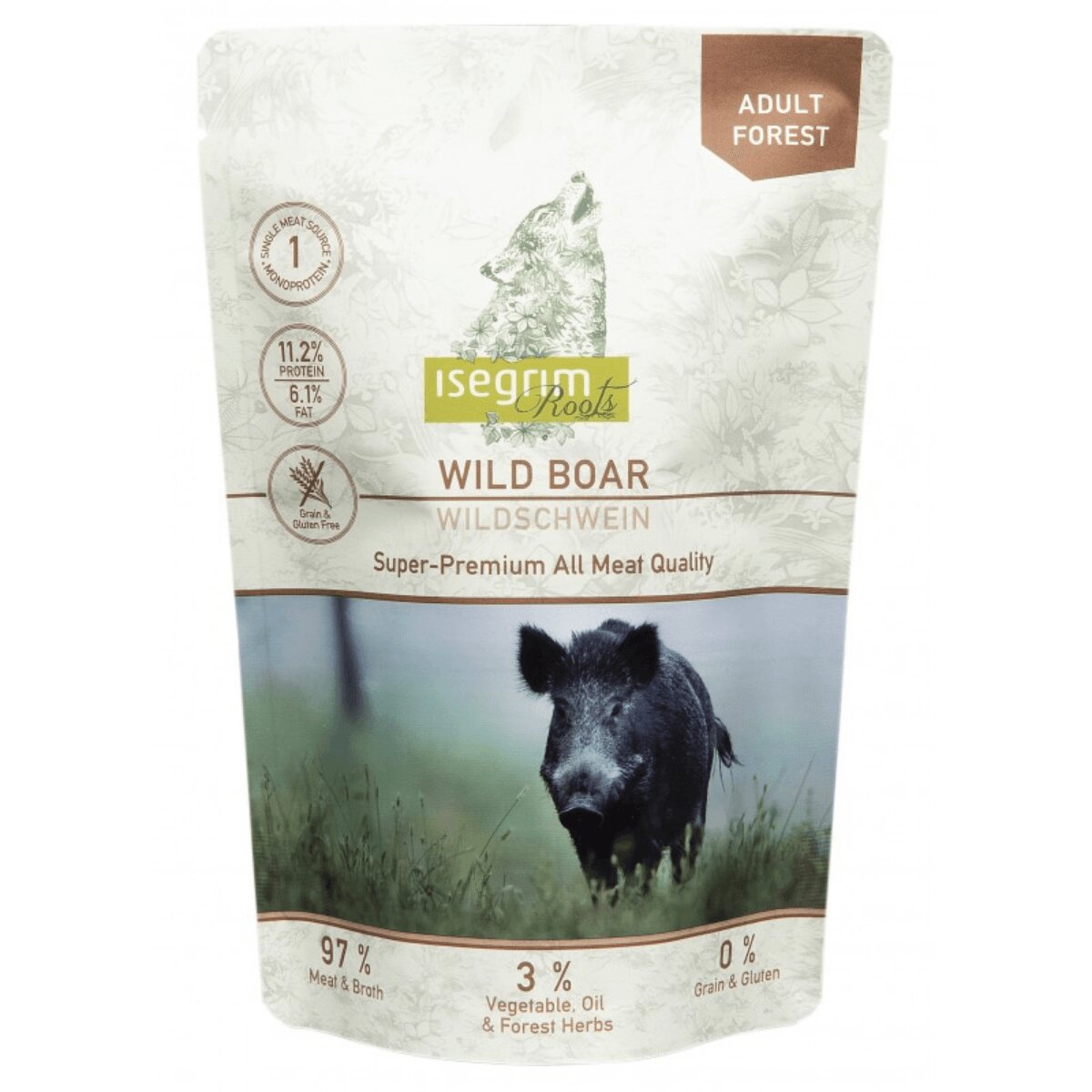 Isegrim XS-XL Mistreț plic hrană umedă monoproteică fără cereale câini (în sos) 410g