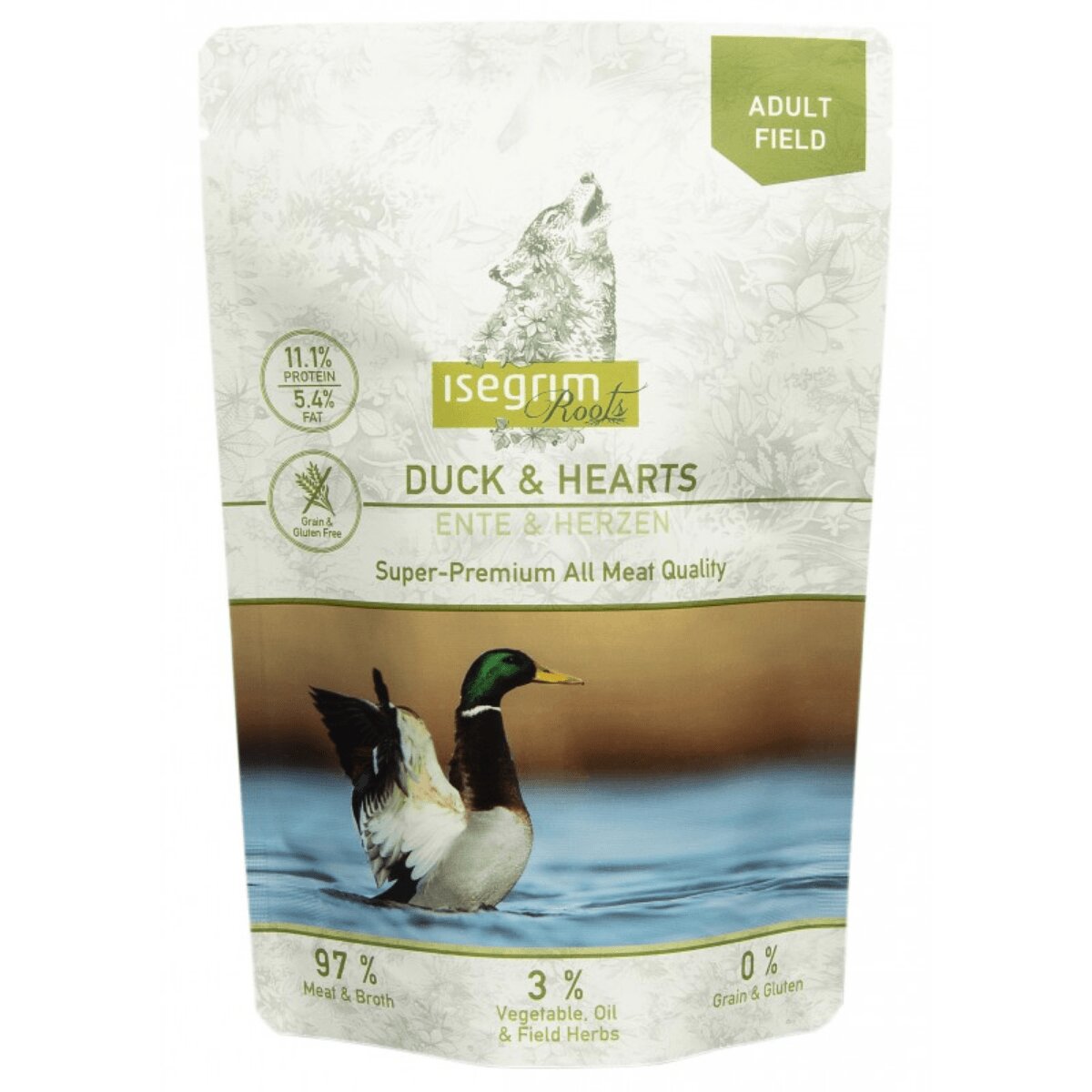 Isegrim XS-XL Rață și Inimă plic hrană umedă fără cereale câini (în sos) 410g