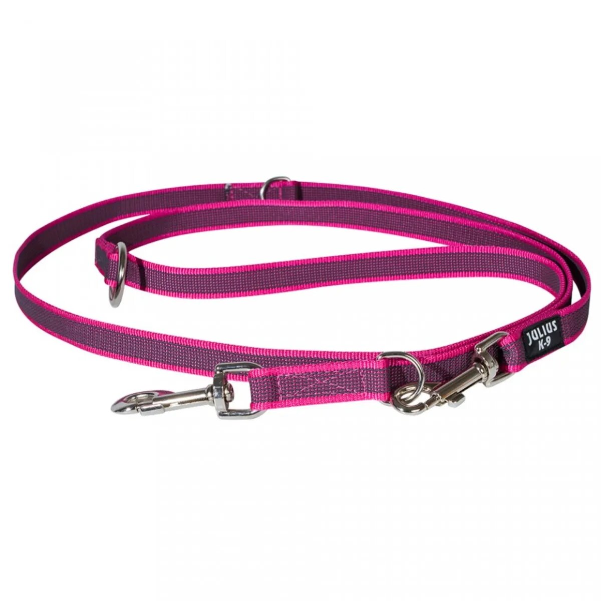 Julius-K9 Color & Gray lesă antiderapantă dublu ajustabilă cu mâner câini 2 carabine 50kg textil bandă 20mm x 2.2m roz