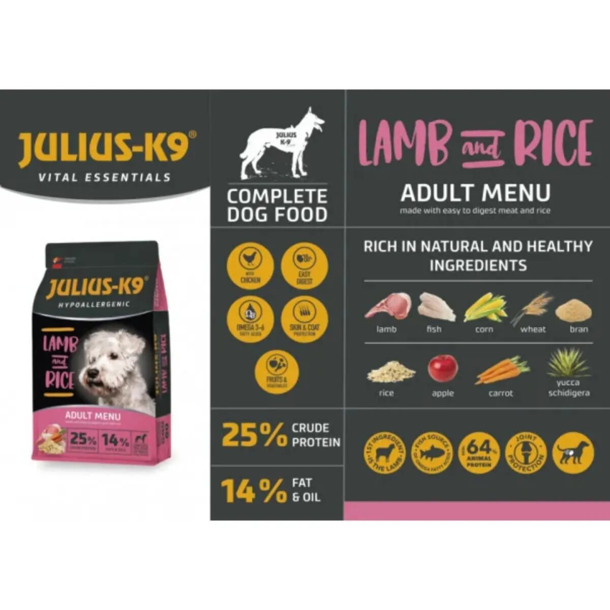 Julius-K9 Hypoallergenic Adult Menu XS-XL Miel și Orez hrană uscată câini alergii 12kg