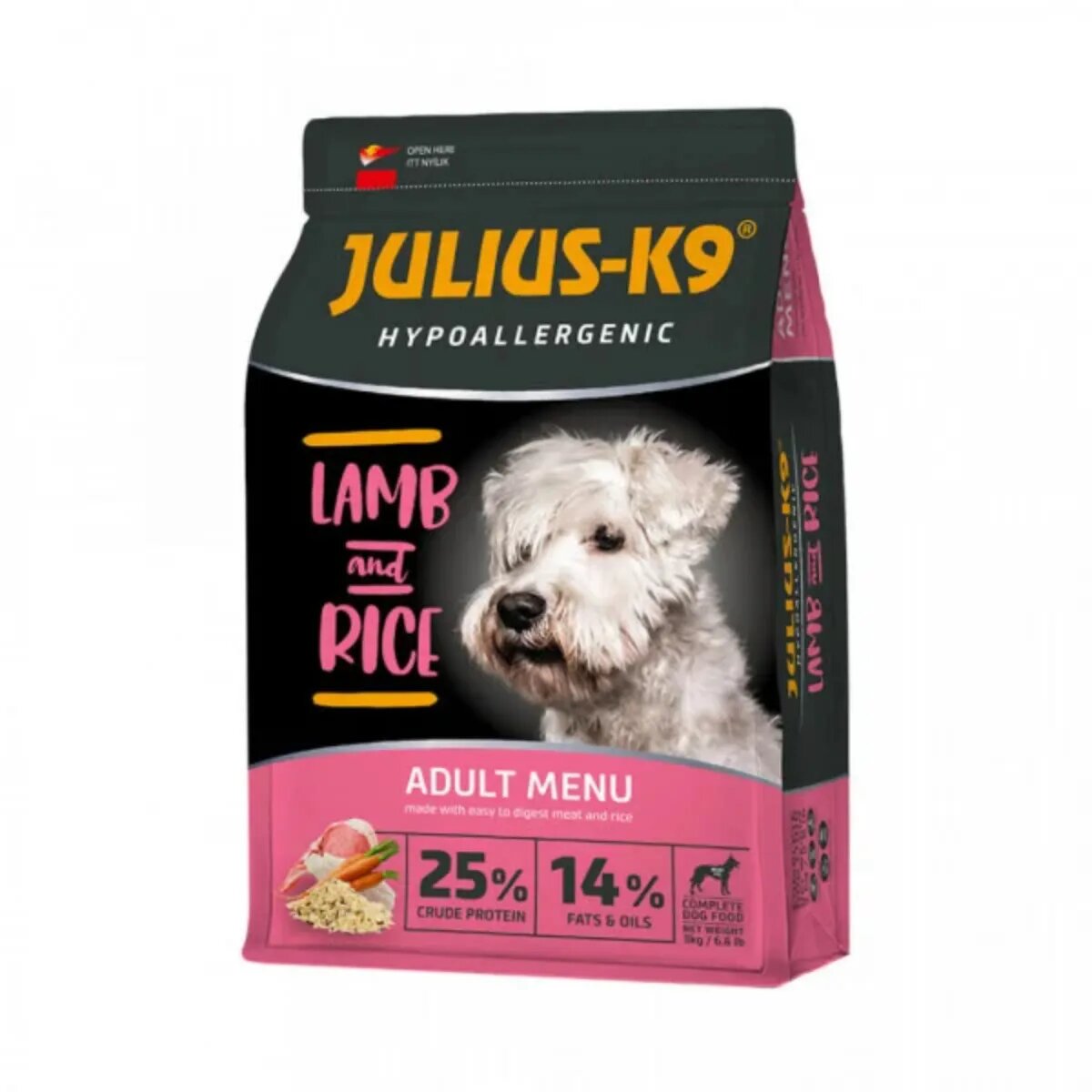 Julius-K9 Hypoallergenic Adult Menu XS-XL Miel și Orez hrană uscată câini alergii 3kg