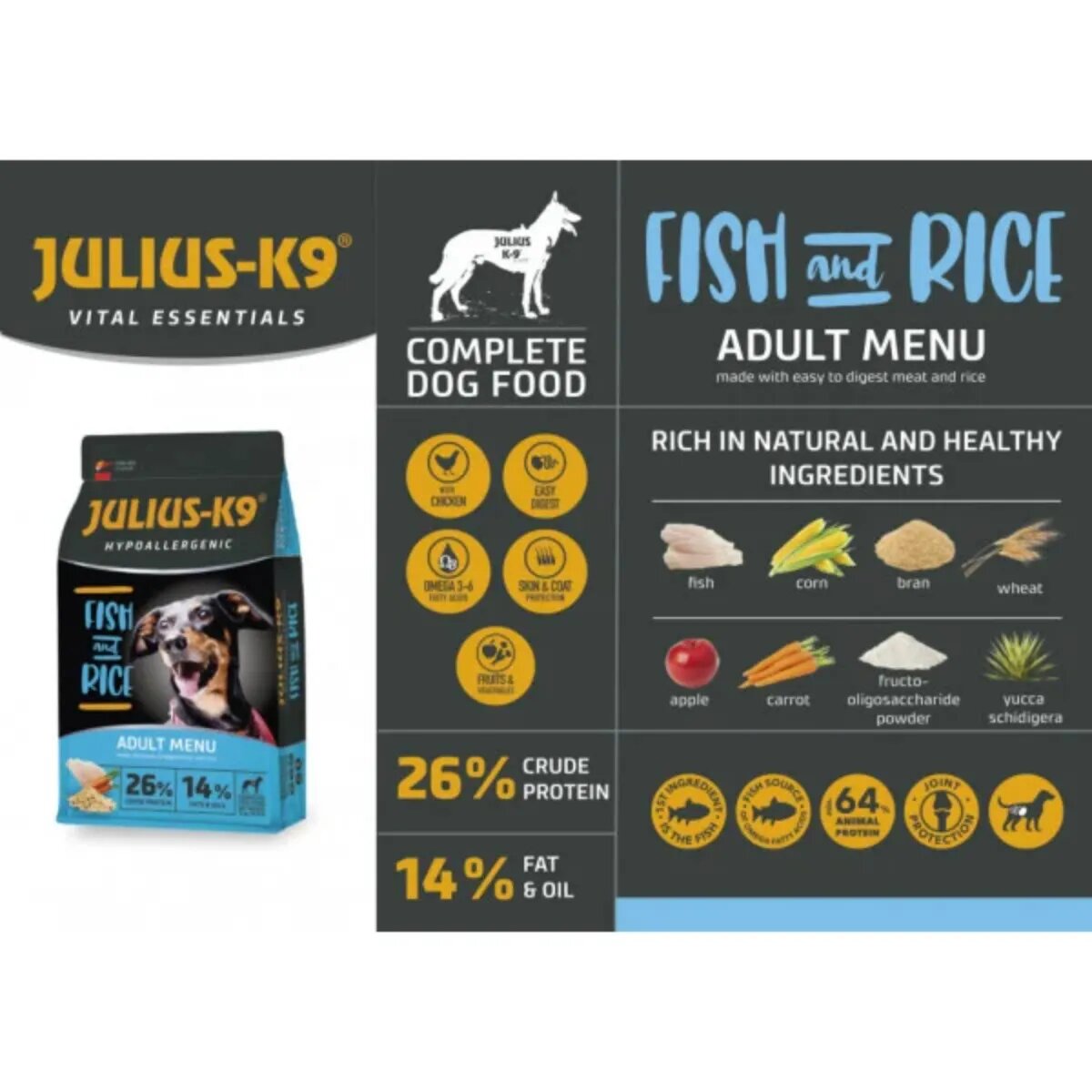 Julius-K9 Hypoallergenic Adult Menu XS-XL Pește și Orez hrană uscată câini alergii 12kg