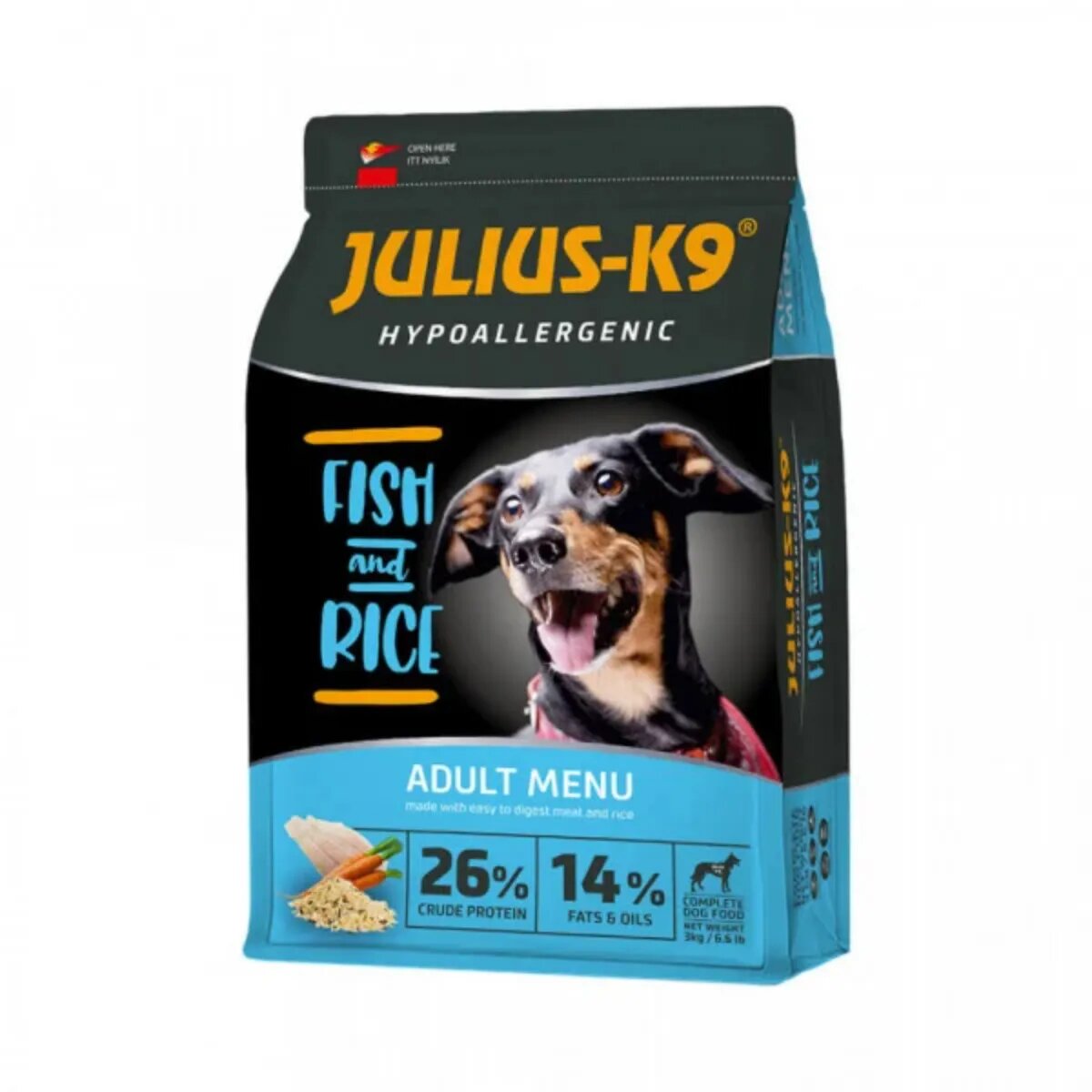 Julius-K9 Hypoallergenic Adult Menu XS-XL Pește și Orez hrană uscată câini alergii 3kg