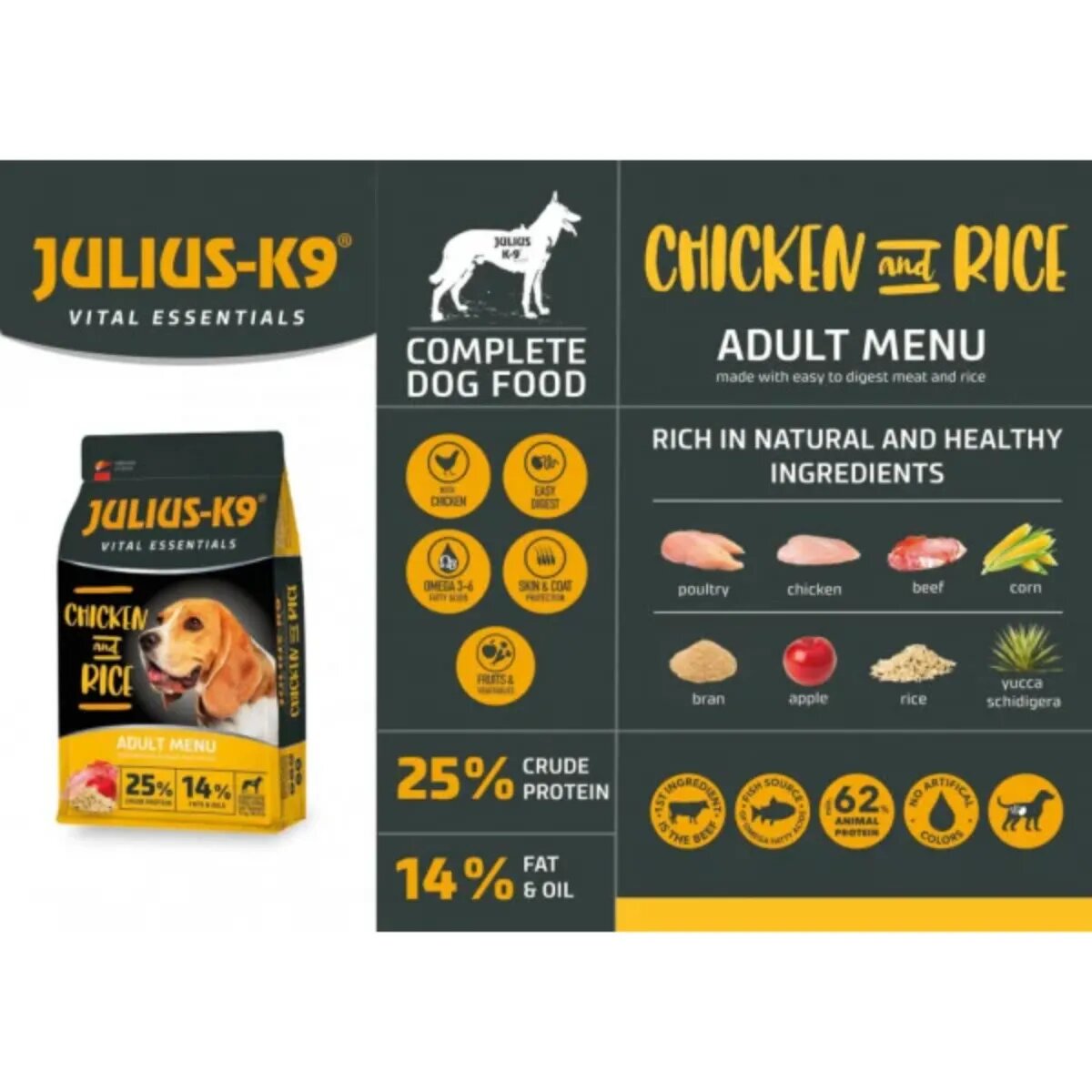 Julius-K9 Hypoallergenic Adult Menu XS-XL Pui și Orez hrană uscată câini alergii 12kg