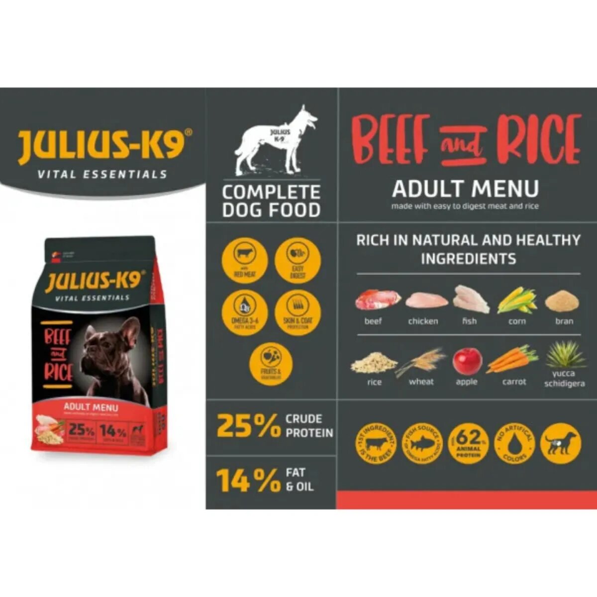 Julius-K9 Hypoallergenic Adult Menu XS-XL Vită și Orez hrană uscată câini alergii 12kg