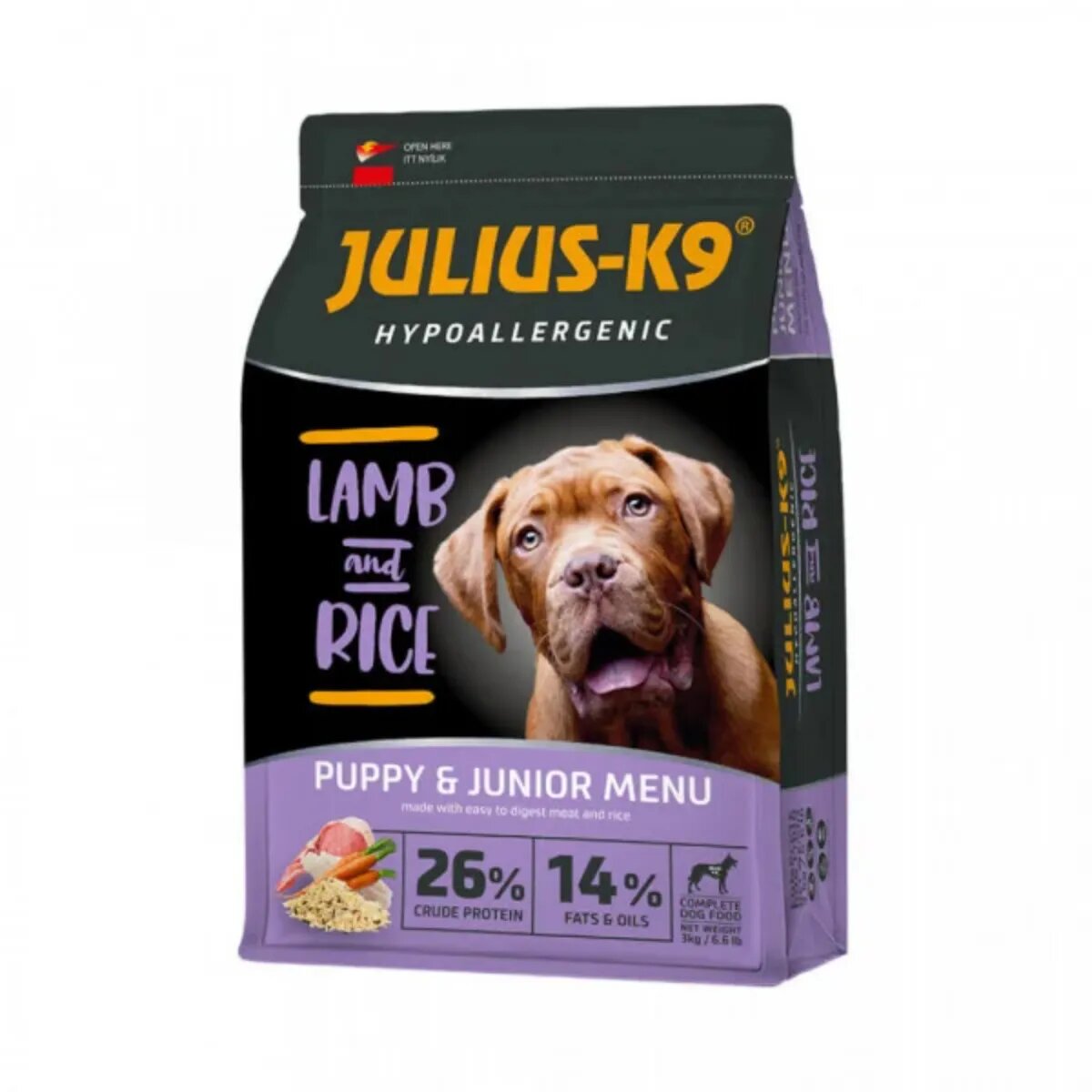 Julius-K9 Hypoallergenic Puppy&Junior Menu XS-XL Miel și Orez hrană uscată câini junior alergii 12kg