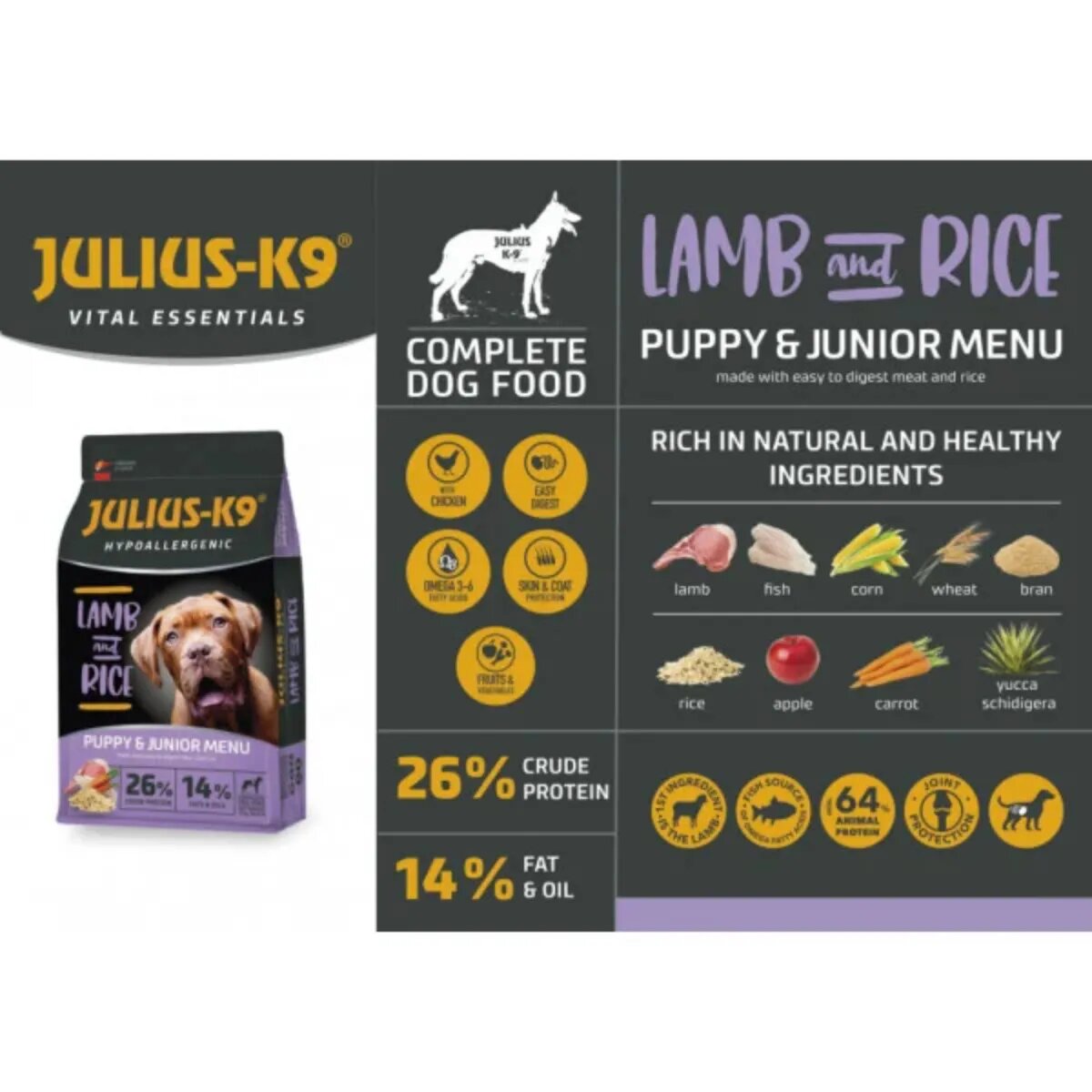Julius-K9 Hypoallergenic Puppy&Junior Menu XS-XL Miel și Orez hrană uscată câini junior alergii 3kg