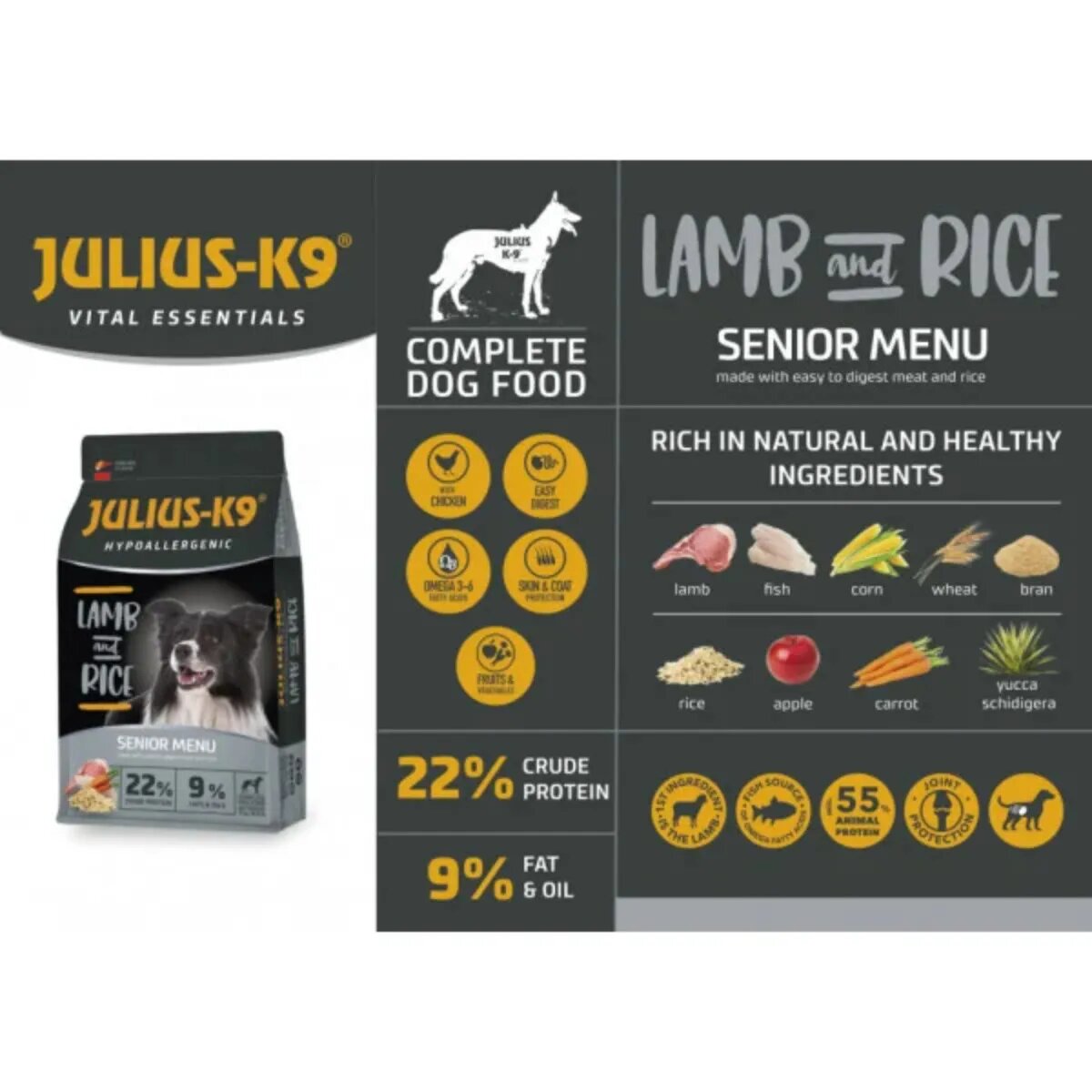 Julius-K9 Hypoallergenic Senior Menu XS-XL Miel și Orez hrană uscată câini senior alergii 12kg